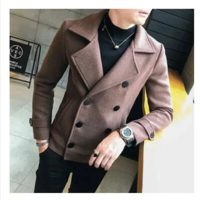 Men's Wool Blend Short Slim Fit Jacket Double Breasted Lapel Collar Peacoat Coat - Image 1 of 4