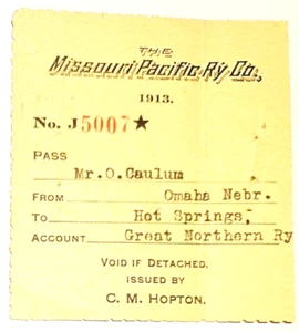Boleto cupón Missouri Pacific RY Co 1913 pase a Hot Springs - Imagen 1 de 2