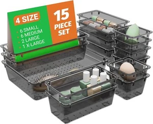 Juego organizador de cajones de plástico transparente de 15 piezas, bandejas de almacenamiento de cajones de acrílico de 4 tamaños, - Imagen 1 de 7