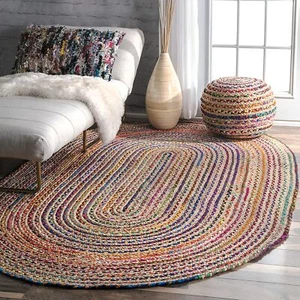 Handmade Braided Natural Jute with Cotton Mix Oval Shape Home Decor Area Rugs - Picture 1 of 22