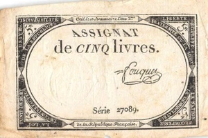 France 5 Livres 31.10.1793 P A76 Series 27089 Circulated Banknote Me16 - Picture 1 of 2
