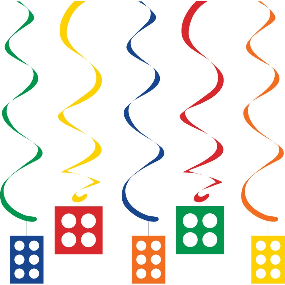 Building Block Bricks Party Supplies Hanging Swirls 5 Pack Birthday Decoration - Image 1 of 1