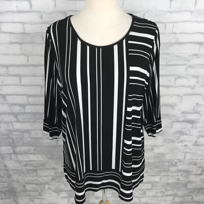 Camisa Top Túnica Susan Graver 2X Negra/Blanca Rayas Manga 3/4 Jersey Tejido Foto 1 de 4