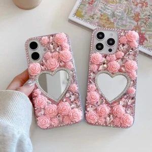 For iPhone Samsung Diamonds Makeup Mirror Flower Case Glitter Phone Cover Girls - Picture 1 of 11