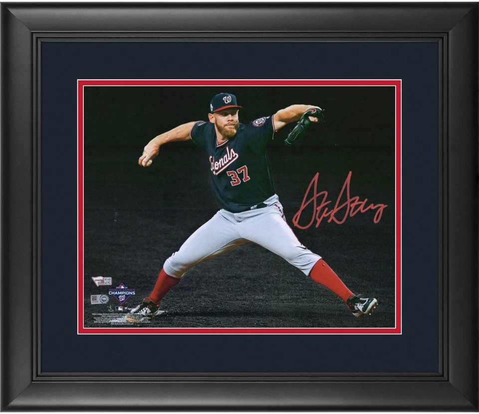 Stephen Strasburg Nationals FRMD Signed 2019 WS Champ 11x14 Pitch Spot Photo - Image 1 of 1