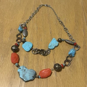Western Style Türkis Orange Koralle Perlen Kette Halskette 22" Metallperlen - Bild 1 von 10