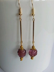 Art Deco Style Drop Earrings With Vintage Venetian Dark Pink/purple Beads.... - Picture 1 of 3