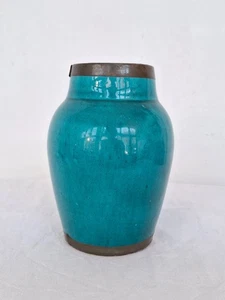Moroccan Turquoise Pottery Vintage with brass banding Vintage 14 cm tall - Picture 1 of 9