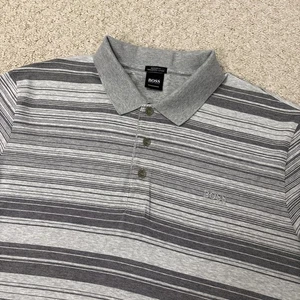Hugo Boss Polo Shirt Grey Striped Regular Fit Cotton Slim Fit Mens 2XL XXL - Picture 1 of 15