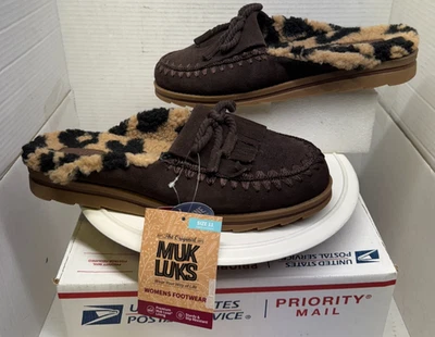 Zapatilla Muk Luks Mujer Marrón Gamuza Mula Espuma con Memoria Sherpa Leopardo 11M Kilte NUEVA Foto 1 de 4