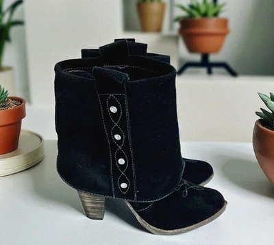 Женские сапоги 7,5 черные замшевые кожаные родео со стразами на лодыжке вестерн - Изображение 1 из 4