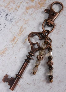 Skeleton Key Crystal Cross Handmade Purse Charm Bag Clip Copper Gold - Picture 1 of 4