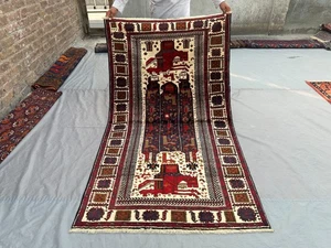 3'7x6'4 Antique Afghan Baluchi Pictorial Rug, Rare Tribal Handmade Wool Boho Rug - Picture 1 of 11