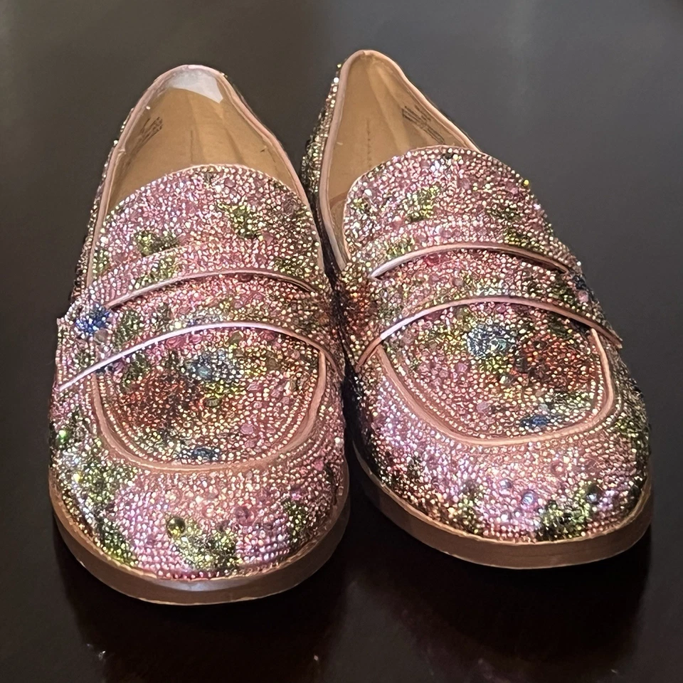 Betsey Johnson Womens Aron Rhinestone Flat Loafers Pink Floral - Size 8W - Image 1 of 4