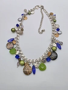 Chico’s Matte Silver Link Fringe Necklace Hammered Discs Shell Beads Crystals 16 - Picture 1 of 11