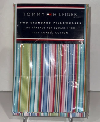 2 Fundas de Almohada Estándar TOMMY HILFIGER SHARON Rayas Rosa Azul Teal Amarillo Nuevas en Paquete Foto 1 de 4