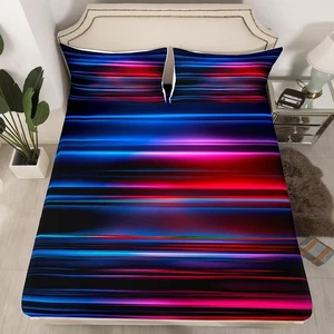 Ombre Bed Sheet Set Full, Red Blue and Black Striped Fitted Sheet Gradient Co... - Picture 1 of 7