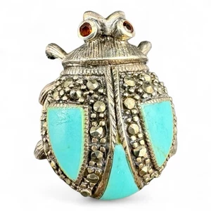 Broche Escarabajo Vintage Plata 925 Turquesa y Marcacita Estrás - Imagen 1 de 5