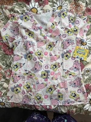 Sponge Bob and Patrick Size Medium Scrub Top Women’s Medical Uniform V Neck - Image 1 of 4