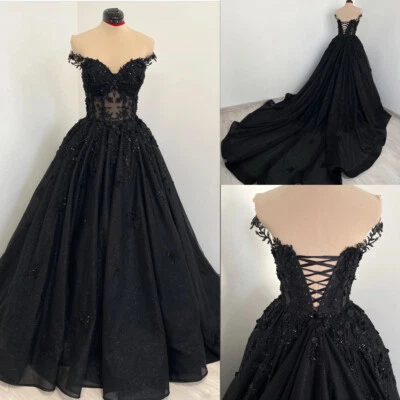 Готическое свадебное платье с V-образным вырезом черный тюль бисер с поездом корсет свадебные платья - Изображение 1 из 4