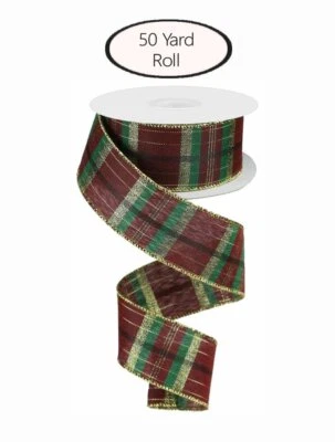 Woven Metallic Plaid Christmas Ribbon, Burgundy/Green/Black/Met Gold, Wired, 1.5 - Image 1 of 2