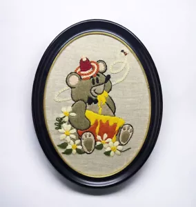 Oval Framed Crewel Embroidered Bear in Hat Eating Jar Of Honey 13.5”x10.5” Decor - Picture 1 of 13