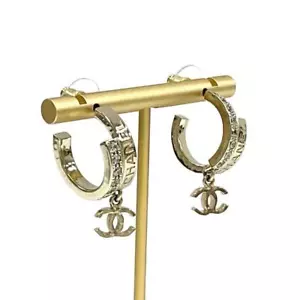 CHANEL Authentic Coco Mark Logo Rhinestone Gold Color Earrings Diameter 2cm - Picture 1 of 8