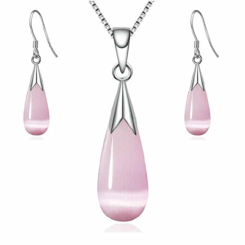 Nuevo Juego de Collar y Pendientes Colgante Lágrima Ópalo Rosa 3D Chapado en Plata Foto 1 de 1
