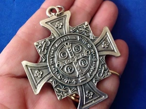 Rare ST BENEDICT Protection Saint Medal Silver Tone Oxidized Metal Large - Picture 1 of 2