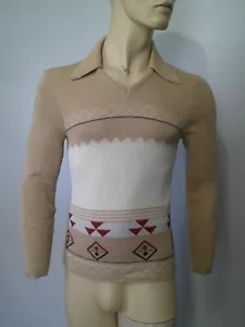 Vtg 70’s Mens Skinny Fit Acrylic Knit Long Sleeve w Collar Aztec Sweater Shirt S - Picture 1 of 11