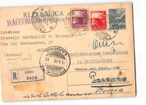 8558 01 CARTOLINA POSTALE DEMOCRATICA L.12+L.20+L.3 OSIMO AFFRANCATURA TRICOLORE - Picture 1 of 2