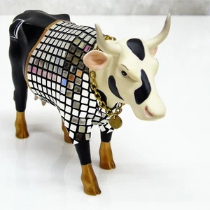 Disco COW PARADE FIGURINE Mirror Jacket Gold Necklace Holstein Dairy Bull Horns - Imagen 1 de 7