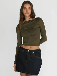 Camiseta Manga Larga Mujer Y2K Ajustada Básica Casual Top Corto Cuello O - Picture 1 of 33