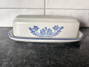 Vtg Pfaltzgraff USA Stoneware Butter Dish with Lid 2 Piece 8” Length Blue Design - Picture 1 of 3