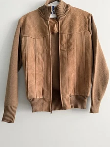 Suéter Chaqueta Bomber Vintage L Gamuza Camel Cuero Marrón Tejido Pequeña Años 80 Prop - Imagen 1 de 24