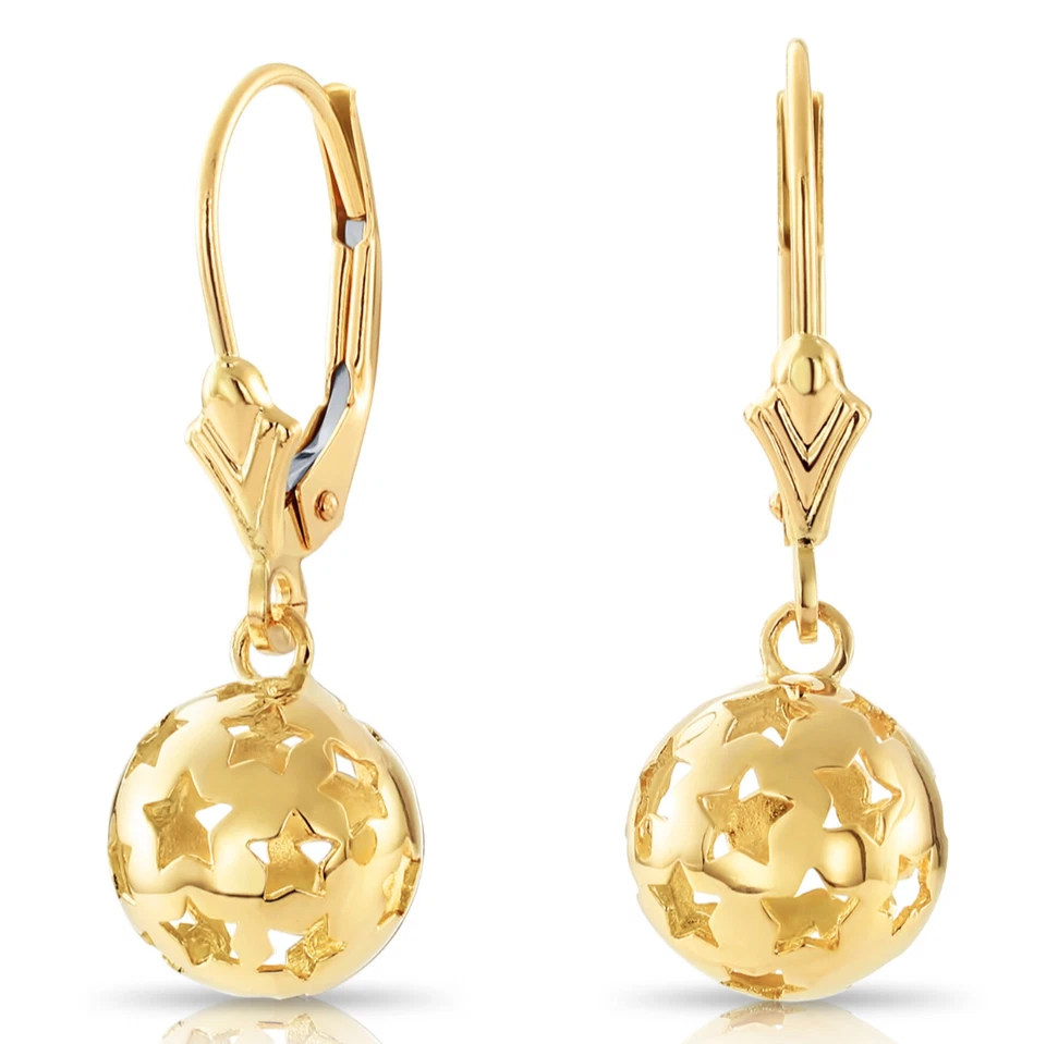 14K Real Solid Yellow Gold Shiny Polished Star Ball Dangle Drop Hoop Earrings - Image 1 of 4