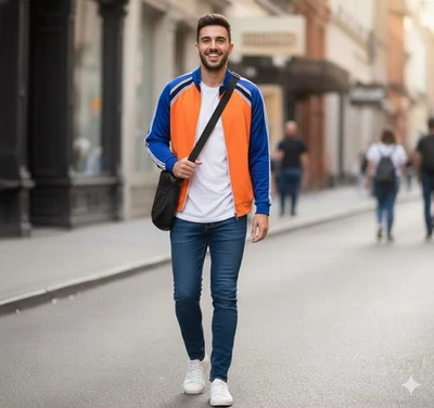 Calvin Klein 橙色蓝色全拉链棉混纺男女通用夹克尺寸 XLarge 全新带标签 — 第 1/4 张图片