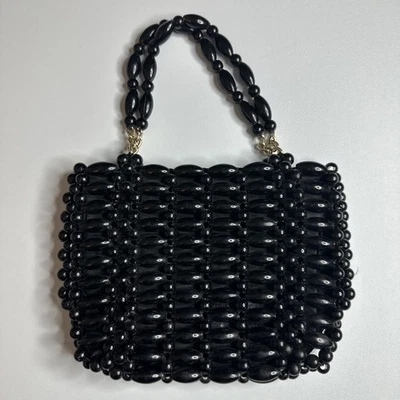 Vintage Black Large Beaded Small Handbag Purse Retro Glam Evening Goth 60s 70s - Image 1 of 4