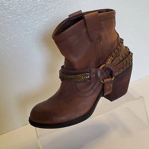 Gianni Bini Ankle Boots Womens 6.5M Brown Leather Straps Studded Harness Pull On - Picture 1 of 19