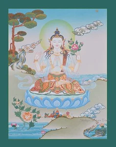 Pintura tibetana Karmakoti Thangka/Thanka 26" x 20" Chenrezig/Avalokiteshvara - Imagen 1 de 6
