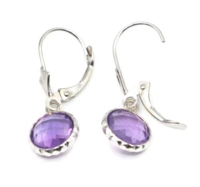 Amethyst Round Fancy Dangle Earrings,14K White Gold Leverbacks - Image 1 of 4