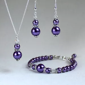 Vintage crystals pearls necklace bracelet earrings wedding silver set - purple - Picture 1 of 4