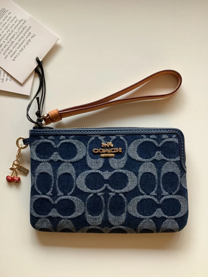 Limited Coach CZ452 Signature Denim Corner Zip Wristlet with Cherry Charm