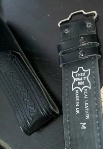 (Medium) Scottish KILT BELT. Black leather 35" to 42", 2.25"W. Celtic Design. - Picture 1 of 6