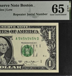 2013 $1 Federal Reserve Note PMG 65EPQ birthday fancy super repeater 54545454 - Picture 1 of 3