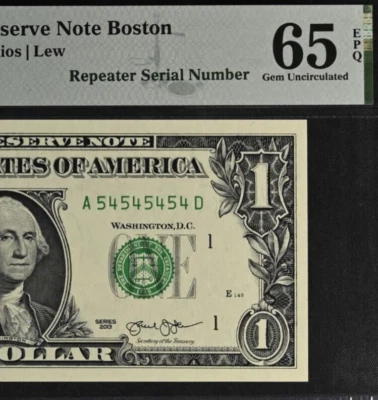 2013 $1 Federal Reserve Note PMG 65EPQ birthday fancy super repeater 54545454 - Image 1 of 3
