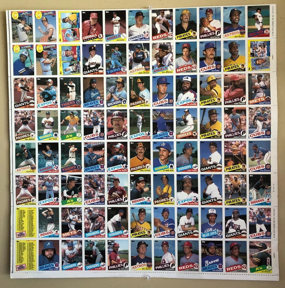 Бейсбольная карточка 1985 Topps ВИНТАЖНЫЙ лист без выреза (88 карточек) 28 x 28 дюймов с Ноланом Райаном! - Изображение 1 из 4