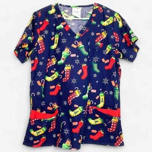 UA Scrubs Women's L Blue Christmas Holiday Print Scrub Top Pre-owned - Picture 1 of 2
