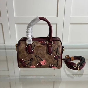 Coach Cherry Print Signature Canvas Boston Bag Leather Trim Detachable Strap - Picture 1 of 8