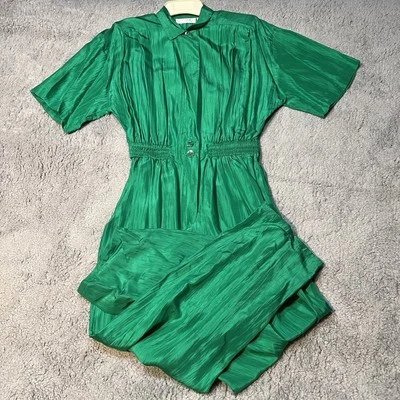 Women's Vintage Restless Size M Emerald Green Silk Jumpsuit Buttons Pockets Pads - Image 1 of 4